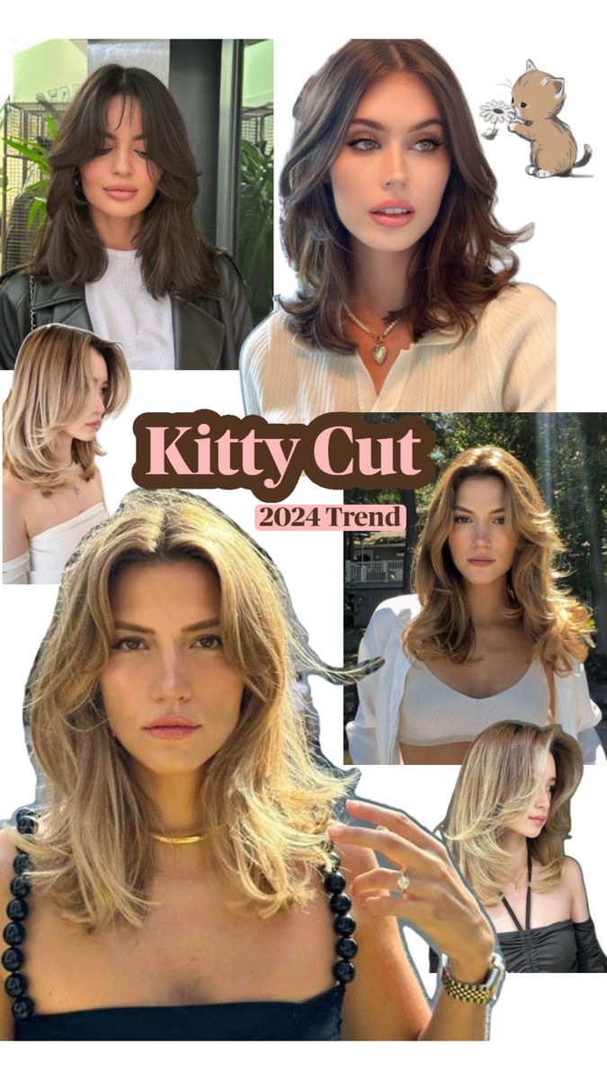 Hair cut haircut cute hair 2024 hair trends Hair Cuts Ideas For Summer, Hair Cuts Trends 2024, Collarbone Layered Hair, Kitty Cut Hair Trend 2024, Kitty Cut Haircut, The Kitty Cut Hairstyle, Long Face Haircuts Medium, Long Layered Haircut With Curtain Bangs, The Kitty Cut