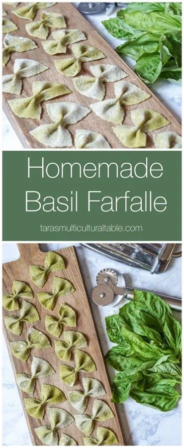 homemade basil farfalle on a cutting board