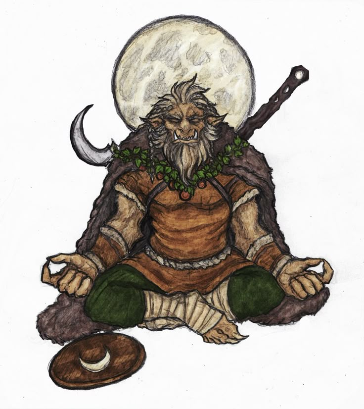 a drawing of an old man sitting on the ground with a moon above his head