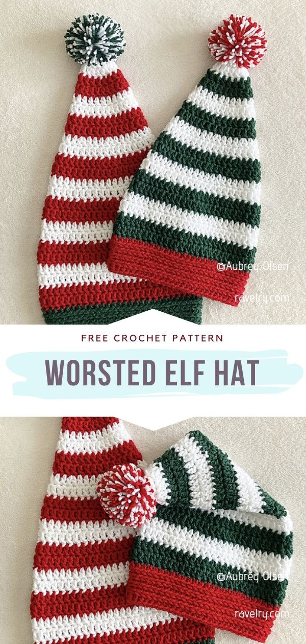 two crocheted hats with pom - poms on top and the words worsted elf hat below