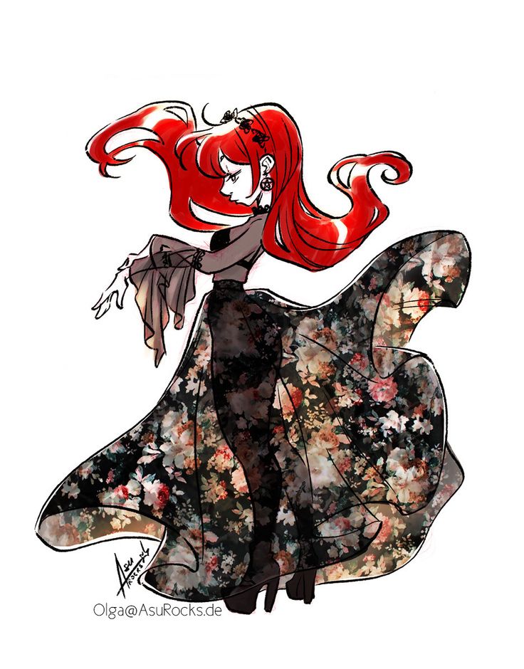 a drawing of a woman with red hair wearing a black dress and holding her hands in the air