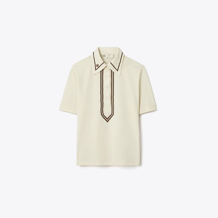 A classic polo is reimagined with a '70s influence. Crafted in lightweight mercerized cotton, the collared top is designed for wearing on and off the green. Luxury Cotton Top With Polo Collar, Cream Cotton Polo Collar Top, Sporty Moisture-wicking Polo Collar Top, Sporty Cotton Polo Shirt With 4-way Stretch, Sporty Cotton Polo Collar T-shirt, Collared Top, Designer Tops, Handbag Shoes, Swim Accessories