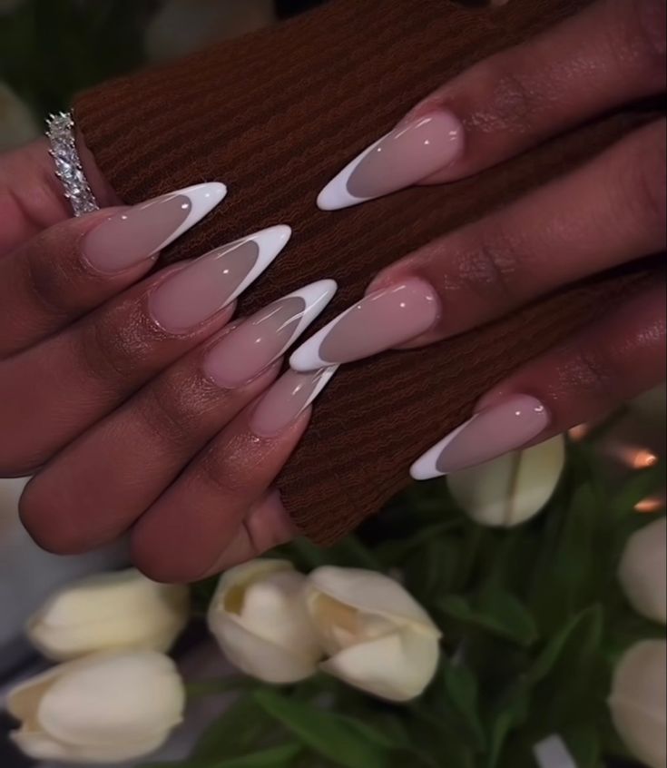 Almond French Tip Black Woman, Almond Shaped Nails French Tip, Almond Shaped French Tips, Almond Black French Tip Nails, Long Almond French Tip Nails, Almond Shaped French Tip Nails, Almond Frenchies, Almond Shape French Tip, Rounded Stiletto Nails