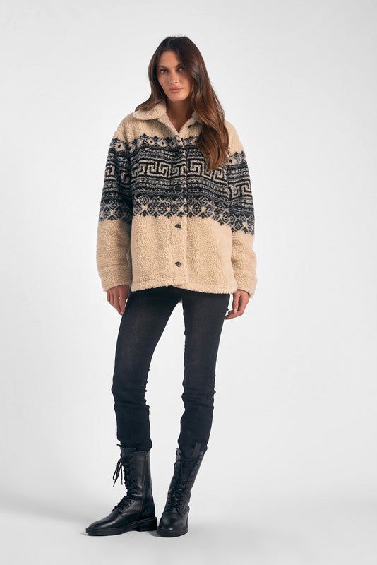 Embrace warmth and style with the Jones Sherpa Coat. Crafted from soft sherpa fabric, this button-up coat features an Aztec design for a touch of uniqueness. The super cozy feel makes it perfect for chilly days, while its distinctive design ensures you stand out in any crowd. With its blend of comfort and fashion, the Jones Coat is a must-have addition to your cold-weather wardrobe. Winter Shacket With Button Closure For Cold Weather, Winter Shacket With Fleece Lining For Cold Weather, Cozy Outerwear With Buttons For Cold Weather, Casual Sherpa Fleece Jacket For Winter, Winter Shacket With Buttons, Nordic Black Outerwear For Fall, Beige Sherpa Outerwear For Winter, Sherpa Fleece Jacket For Winter Cold Weather, Casual Sherpa Outerwear For Cold Weather