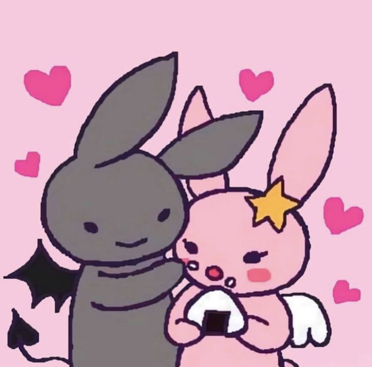 two cartoon rabbits hugging each other with hearts in the background and stars on their ears