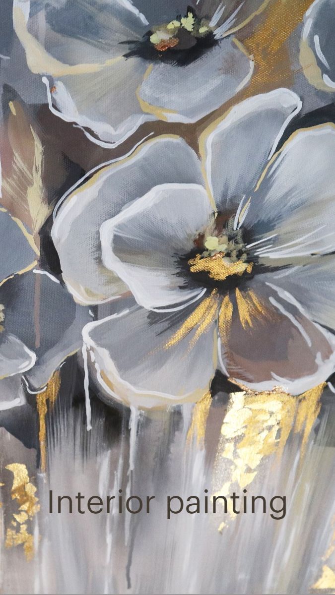 an abstract painting of white flowers with gold leafy petals and the words interior painting on it