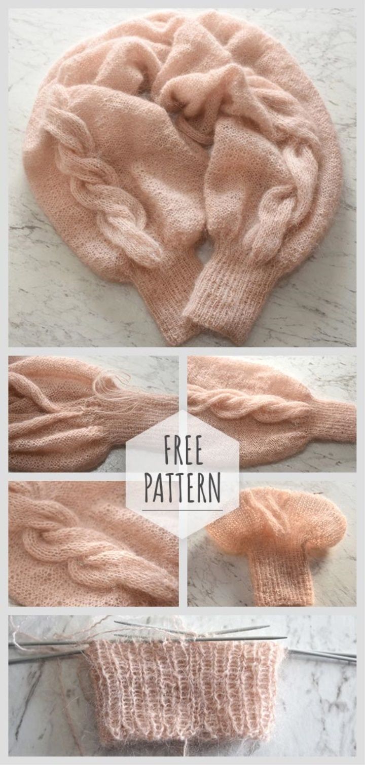 three pictures showing how to knit a hat and scarf with text overlay that says free pattern