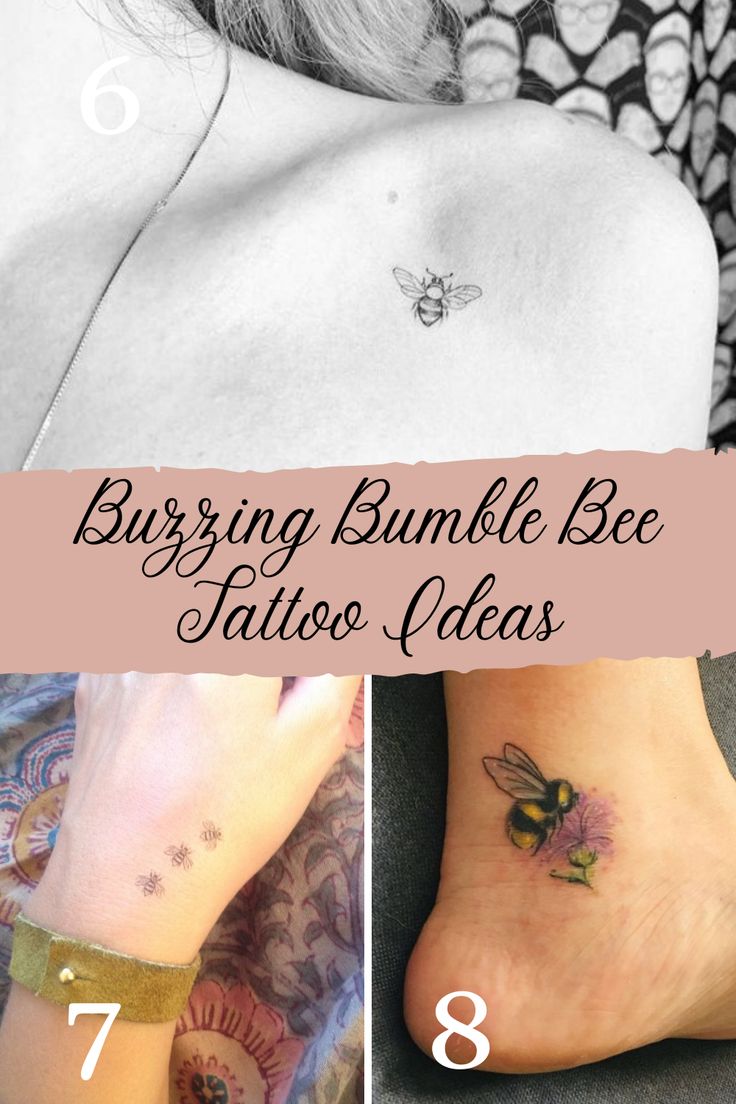 three different tattoos on the legs and ankles, with text overlaying them that reads burning bumble bee tattoo ideas