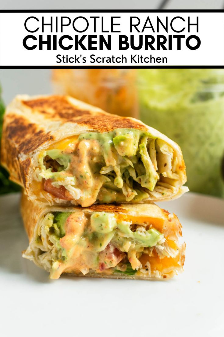 Stack of chipotle ranch grilled chicken burritos on a white plate. Tortilla Strips, Chipotle Ranch, Avocado Ranch, Chicken Burrito, Burritos Recipe, Chicken Burritos, Wontons, Chapati, Chicken Dishes Recipes