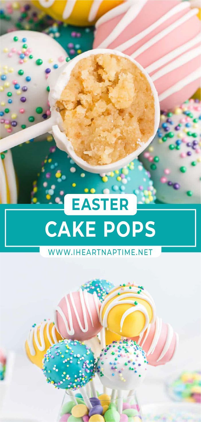 an easter cake pops recipe with sprinkles and candies in the background