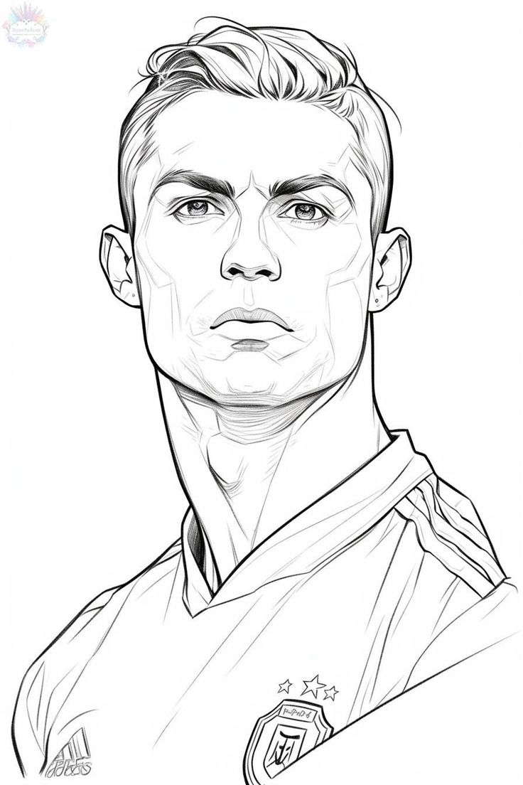 a black and white drawing of a soccer player with his head turned to the side