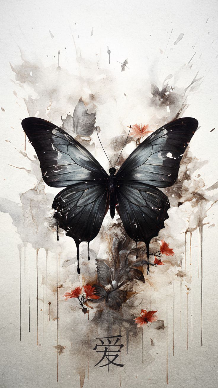 a painting of a black butterfly with chinese writing on it's wings and flowers