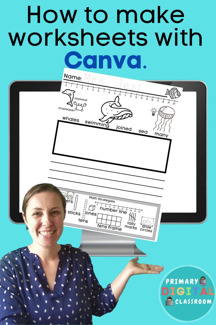 a woman holding up a computer screen with the words how to make worksheets with canva