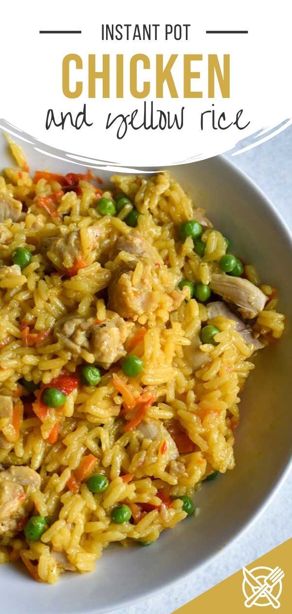 instant pot chicken and rice with peas in a white bowl