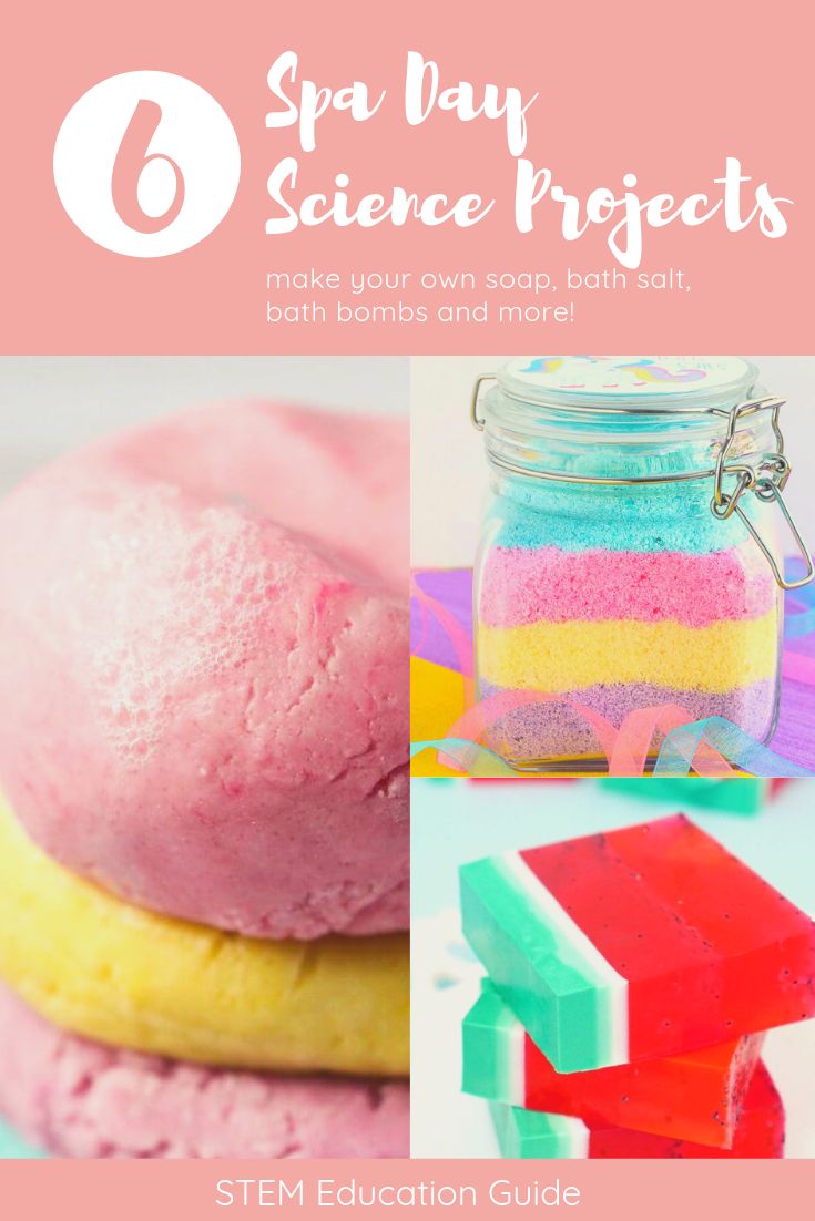 six different colored soaps in jars with text overlay that reads, 6 spa day science projects make your own soaps, bath salts, and more