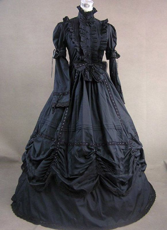 Black Cotton Victorian Period Dress Steampunk Costume   Condition: Brand New  Color: amp;nbsp; As Picture  Material: Cotton  Silhouette: Ball Gown  Sleeve Length: Full Sleeve  Dresses Length:Floor-Length  Neckline:Stand Collar  Decoration: Bow  Style: Vintage  Includes: Dress    amp;nbsp; Vampire Inspiration, Victorian Dress Costume, Victorian Gothic Dress, Black Victorian Dress, Gothic Victorian Dresses, Full Sleeves Dress, Black Ball Gown, Gown Vintage, Period Dress