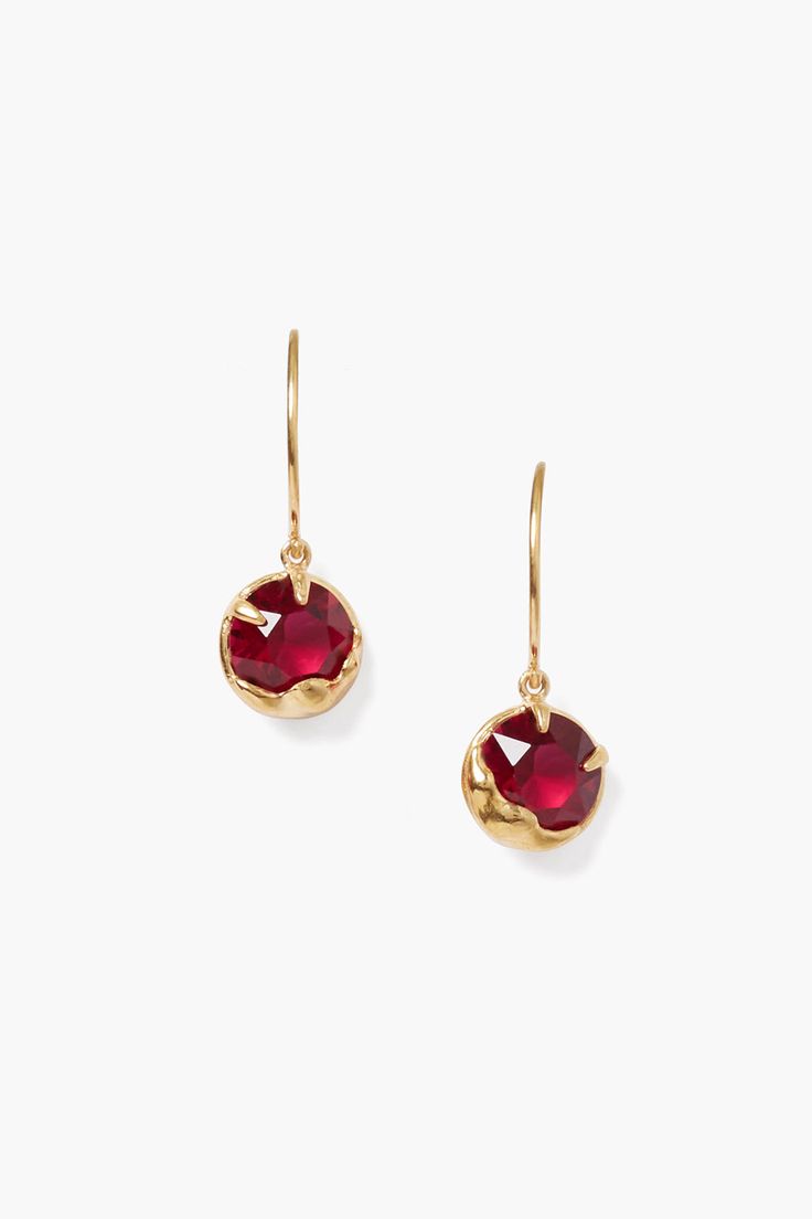 An elegant way to wear your birthstone. Faceted ruby crystals sparkle in these timeless gold hoop earrings. 18k gold plated sterling silver. 1" drop. Handmade in Vietnam. Luxury Ruby Chandbalis In Elegant Style, Gold Ruby Earrings, Ruby Crystal, Handmade Box, Ruby Earrings, Birthstone Earring, July Birthstone, Pearl Gemstone, Stunning Earrings