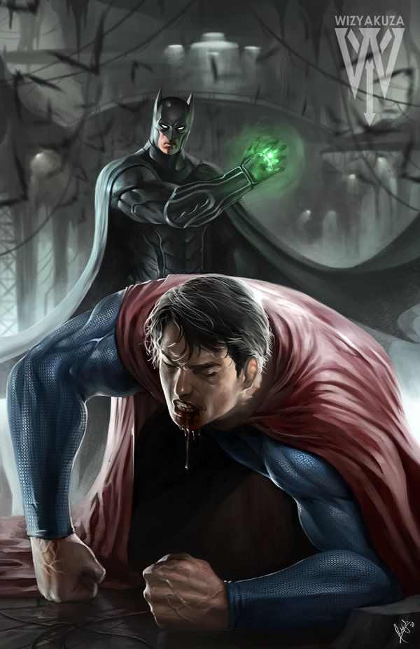 two superheros one with green eyes and the other without his caped head, are facing each other