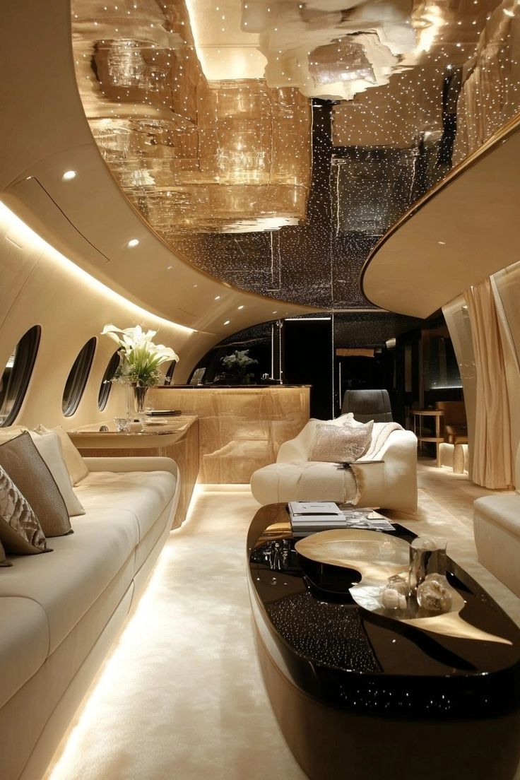 the interior of a luxury jet with modern decor