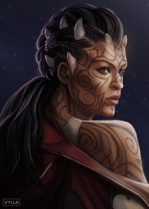 an image of a woman with tattoos on her face and arm, in front of the night sky