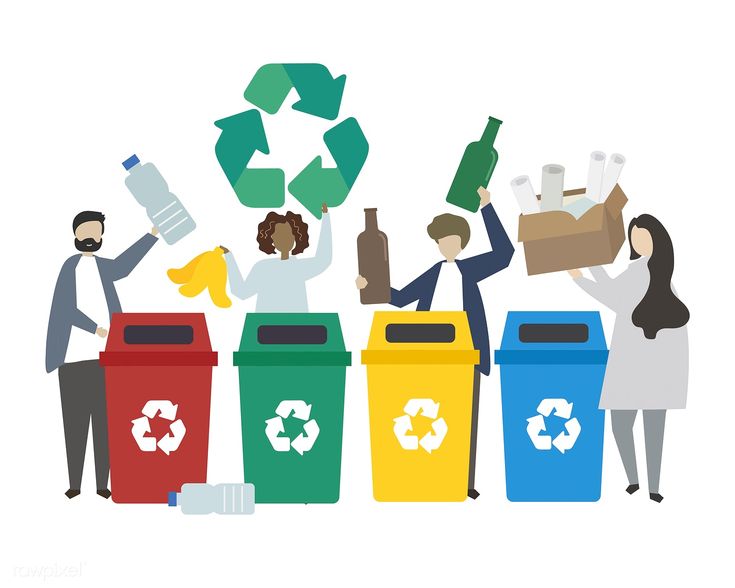 people standing around recycling bins with bottles and cans in front of the trash can