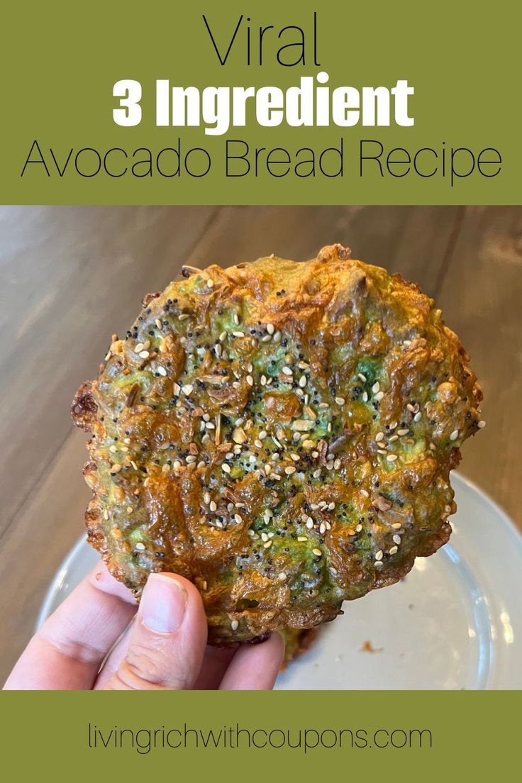 a hand holding up an avocado bread on a plate with text overlay