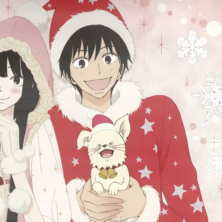 two anime characters dressed up in christmas outfits and holding a dog, with snowflakes on the background