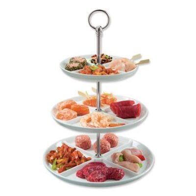 three tiered trays with different types of food on them