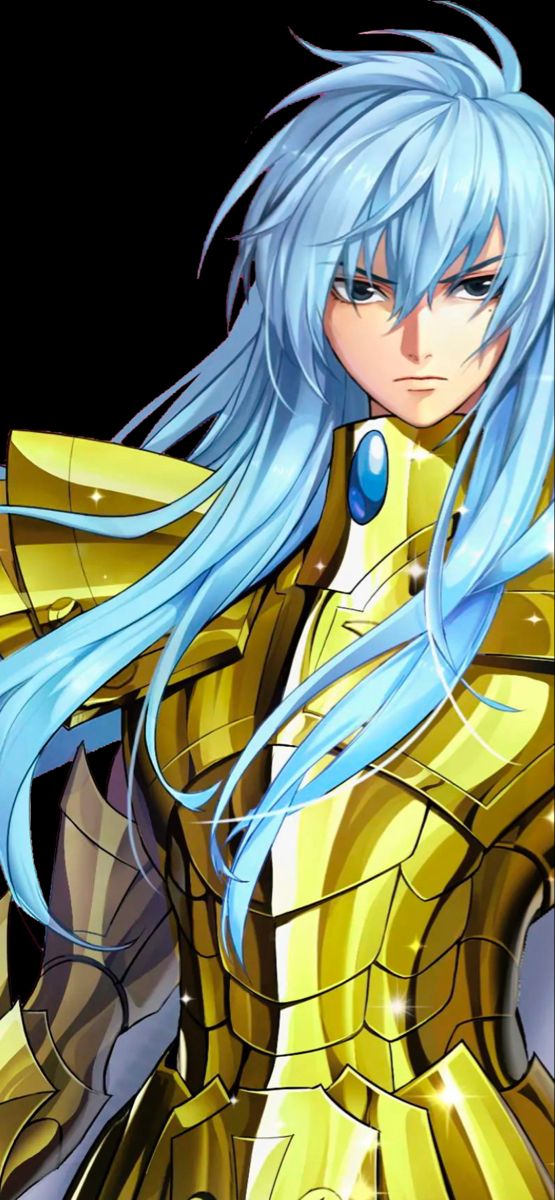 an anime character with blue hair and yellow armor