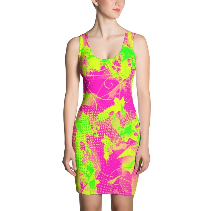 80s Summer Pop Bodycon Dress by BigTexFunkadelic  #bigtexfunkadelic #dresses #bodycondress #bodycon #neon #summerfashion #80sfashion Stretch Dresses With All Over Print For Summer, Fitted Dress With Vibrant Print, 90s Neon Fashion, Fitted Sleeveless Dress With All Over Print, Summer Fitted Mini Dress With All Over Print, Fitted Mini Dress With All Over Print For Summer, Fitted Dresses With Bold Multicolor Print, Spring Fitted Mini Dress With Bold Print, Fitted Mini Dress With Vibrant Print