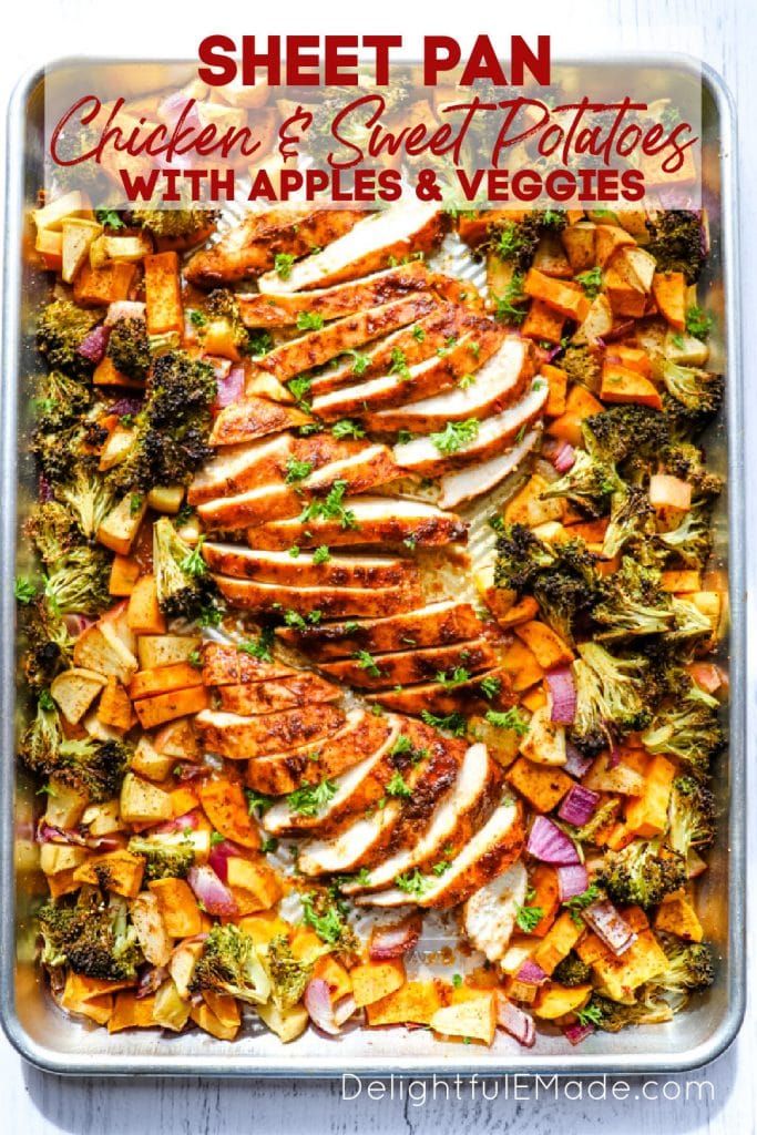 sheet pan chicken and sweet potatoes with apples and veggies