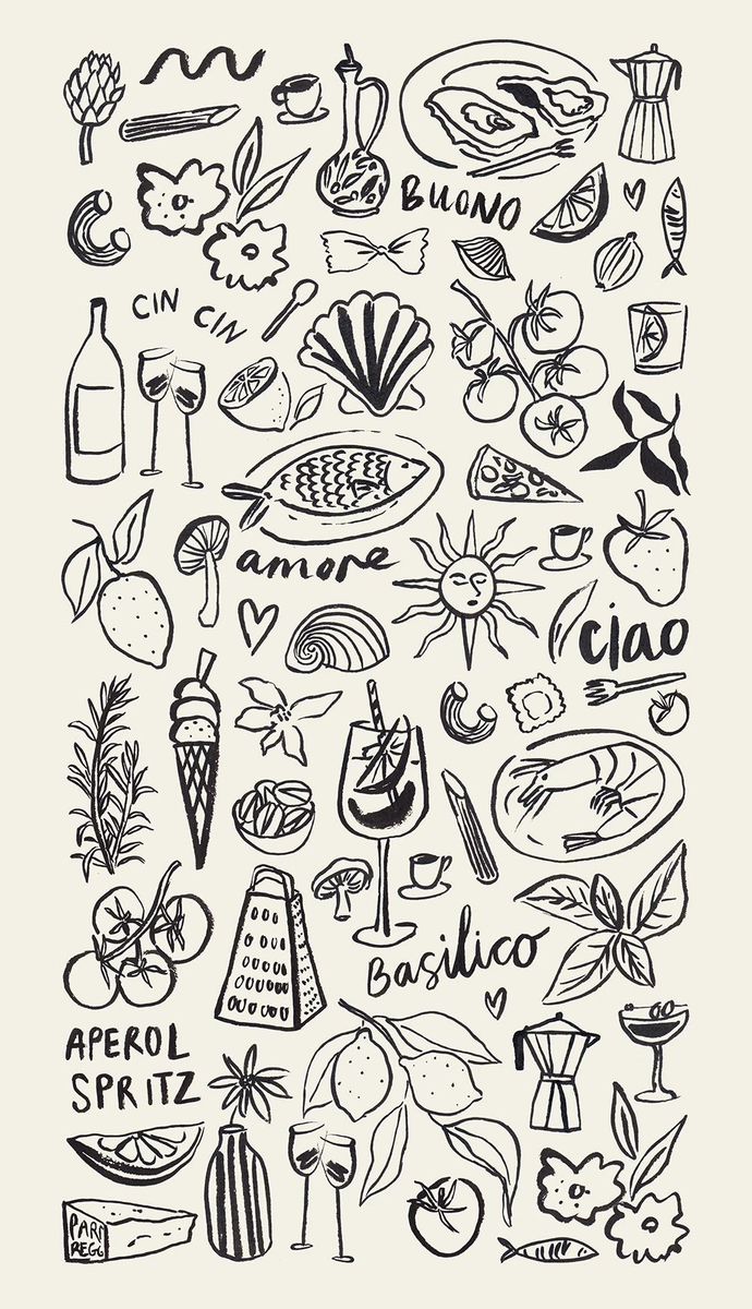 an image of food and drinks drawn in black ink on white paper with the words