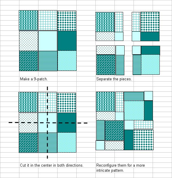 four different squares are shown in blue and green colors, with the text below them