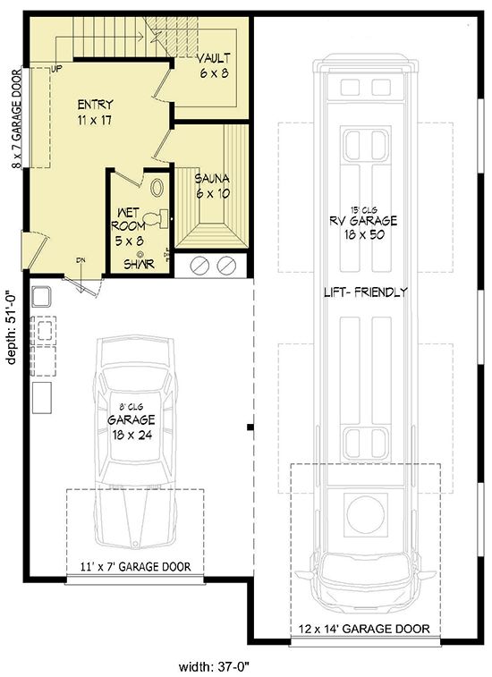 the floor plan for a two car garage with an attached living room and dining area