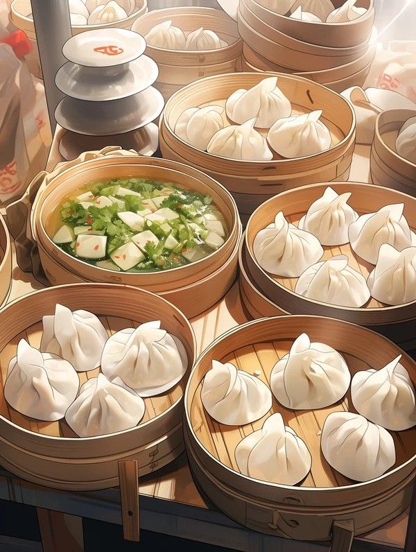 many dumplings are sitting on wooden trays