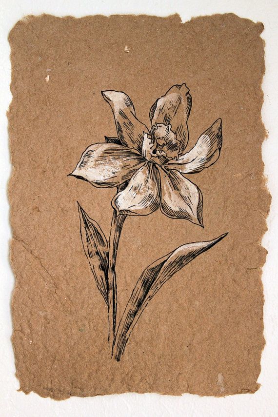 a drawing of a flower on a piece of brown paper that has been drawn with ink