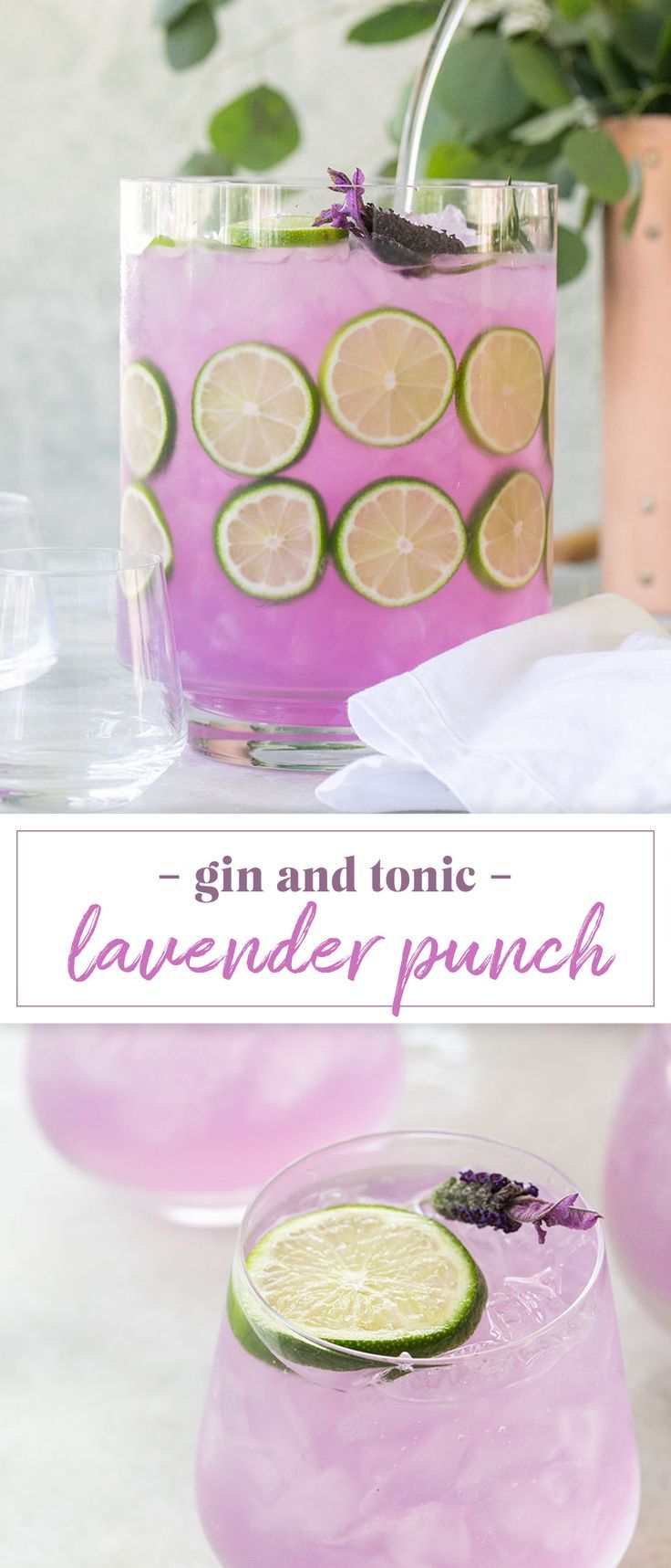 the gin and tonic lavender punch is garnished with lime