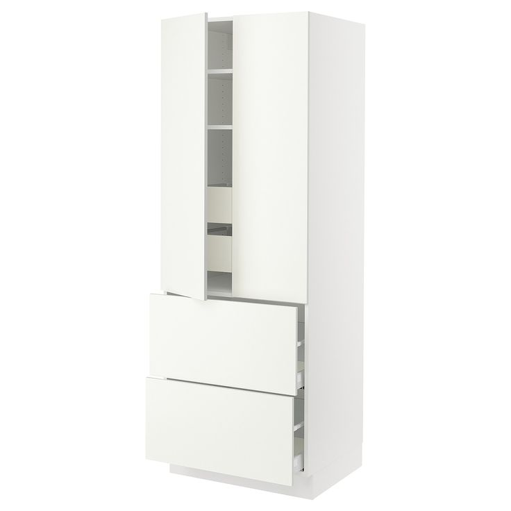 a tall white cabinet with two drawers