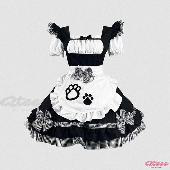 Qteee - Refined Lolita Dress with Cosplay Maid Cat Paw Design Kawaii Short Sleeve Costume Party Dress, Kawaii Costume Dress, Kawaii Short Sleeve Dress For Costume Party, Kawaii Fitted Costume Dress, Cute Fitted Cosplay Dresses, Cute Costume Dress For Cosplay Events, Short Sleeve Halloween Cosplay Dress, Black Kawaii Dress For Halloween, Harajuku Anime Print Dress For Halloween