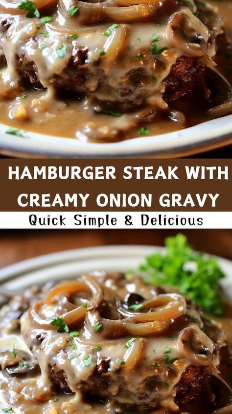 hamburger steak with creamy onion gravy is served on a white plate