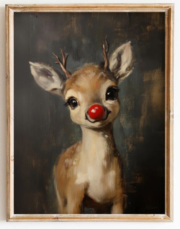 a painting of a little deer with a red nose