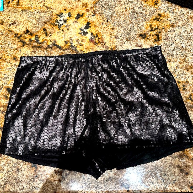 Got For Nye But Never Worn Them. Stretch Disco Shorts For Night Out, Disco Style Stretch Shorts For Night Out, Disco Stretch Shorts For Night Out, Disco Style Shorts For Night Out, Black Disco Bottoms For Night Out, Summer Club Bottoms With Sequins, Disco Style Black Bottoms For Night Out, Sequin Shorts For Summer Nights Out, Summer Sequin Bottoms For Date Night