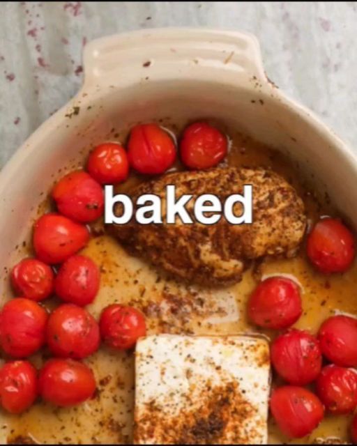 baked meat and tomatoes in a casserole dish with the words baked above it