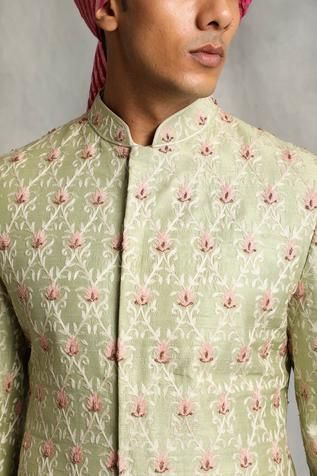 Shop for Gargee Designers Green Raw Silk Floral Embroidered Sherwani Set for Men Online at Aza Fashions Green Sherwani With Resham Embroidery, Festive Green Sherwani With Straight Kurta, Green Sherwani With Dabka For Eid, Green Sherwani With Embroidery For Eid, Fitted Pista Green Sherwani With Intricate Embroidery, Green Dabka Sherwani For Eid, Fitted Green Bandhgala With Resham Embroidery, Designer Green Traditional Wear With Resham Embroidery, Designer Green Sherwani With Chikankari Embroidery