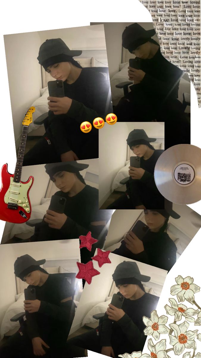 a collage of photos with a man holding a guitar and playing on his cell phone