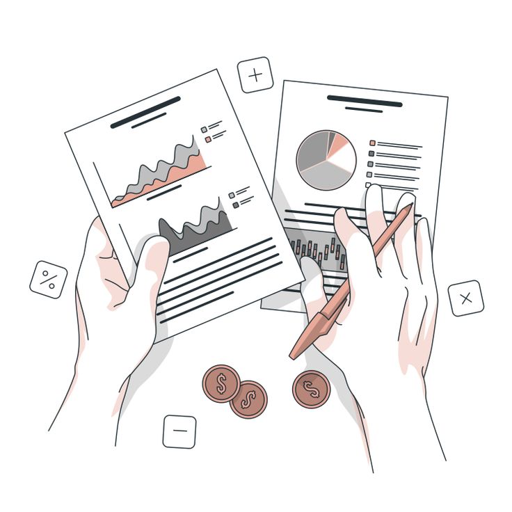 two hands holding papers with graphs and coins