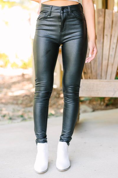 These faux leather pants are so sassy and chic! They are going to look fabulous paired with cozy textured sweaters this fall and winter! They will also style perfectly with a graphic tee and denim jacket for a fun edgy look! These pants feature a faux leather fabric, button and zip front closure, pockets, and a high waistband.  Material has a fair amount of stretch.Cindy is wearing the small. Black Faux Leather Pants, Black Tie Dress, Long Sleeve Outerwear, Two Piece Swimwear, Textured Sweater, Friend Outfits, Faux Leather Fabric, Edgy Look, Faux Leather Pants