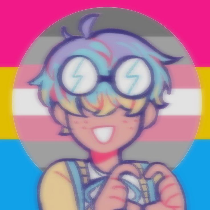 a drawing of a person with glasses and a rainbow colored background behind him is an image of a smiling boy