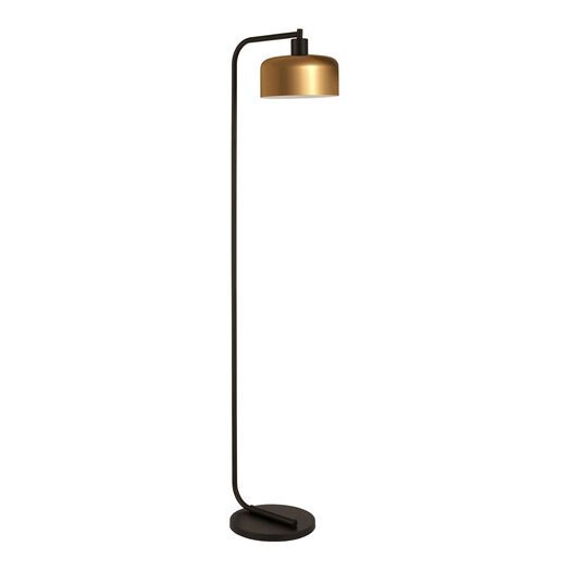 a black floor lamp with a gold shade on the top and an oval light fixture below it