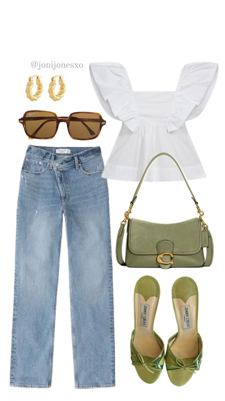 @jonijonesxo Olive Green Sandals, Blue Distressed Jeans, White Ruffle Top, Classic Style Outfits, Green Accessories, Green Sandals, Green Handbag, Earrings Trendy, Brown Sunglasses